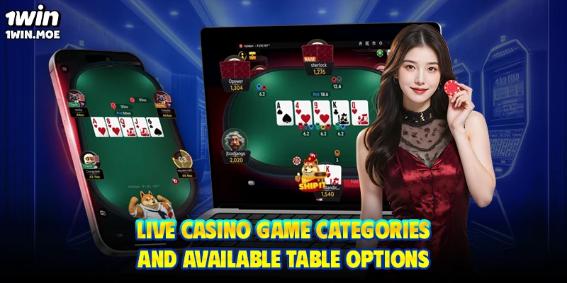 Live casino game categories and available table options